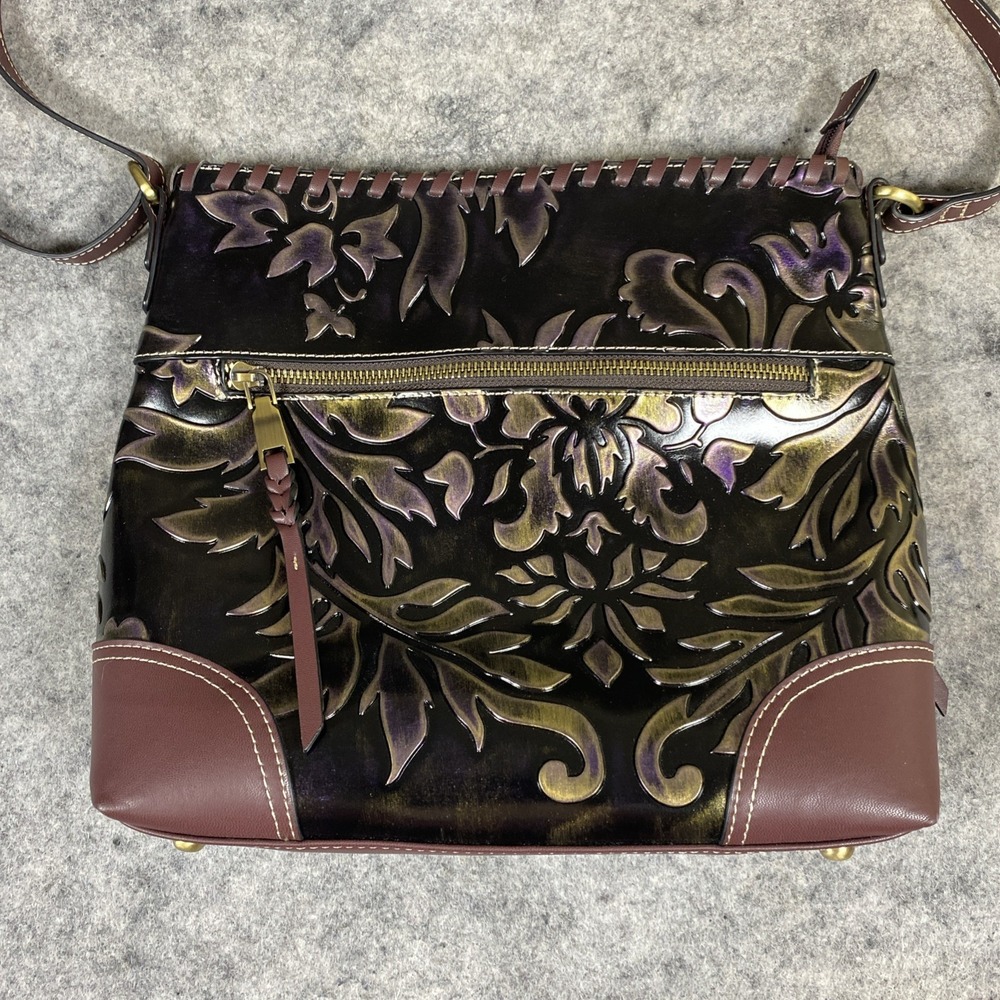 MADI CLAIRE (MC) Crossbody Bag Purple Floral Embossed Genuine Leather Boho